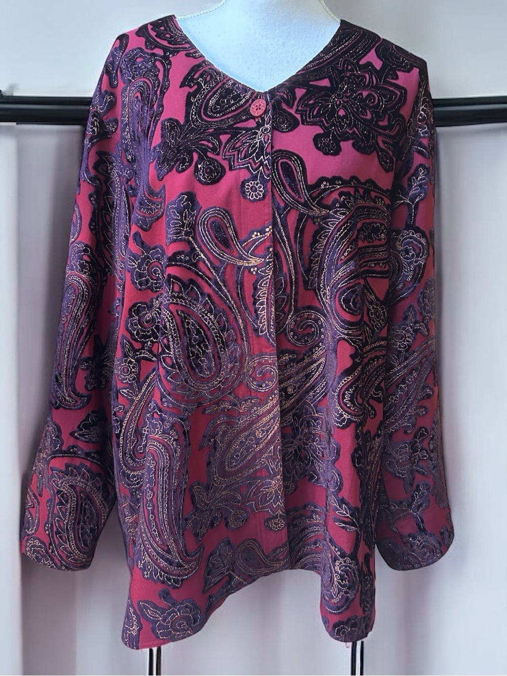 Cold Water Creek Floral Embroidered Burgundy Burnout Velvet Paisley Jacket XL